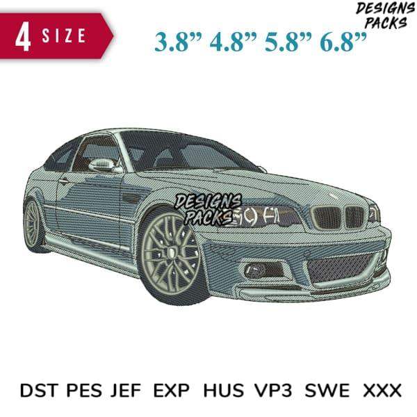Embroidery design of a BMW car in 4 sizes, compatible with DST PES JEF formats for instant download.
