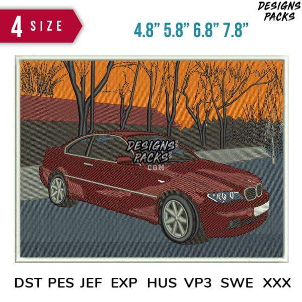 Red car embroidery design with autumn trees, available in PES, DST, EXP formats for instant download