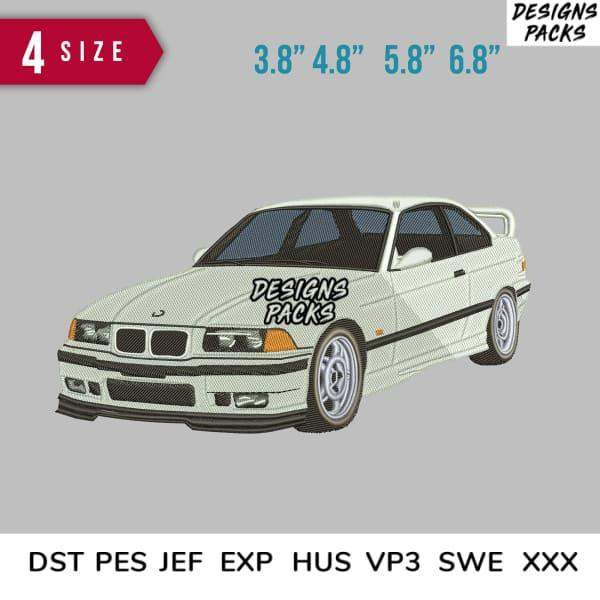 White BMW car embroidery design in 4 sizes, compatible with DST PES JEF formats for instant download.