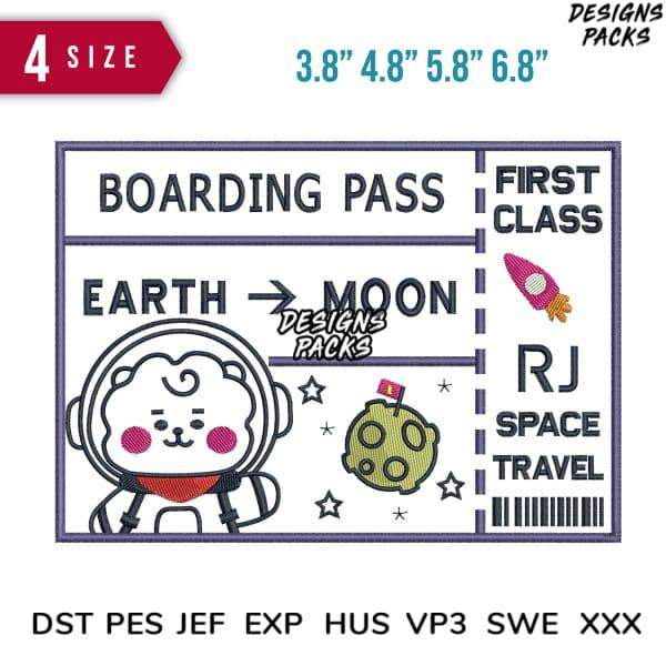 Cute astronaut boarding pass embroidery design for space travel, Earth to Moon, 4 sizes, DST PES JEF formats