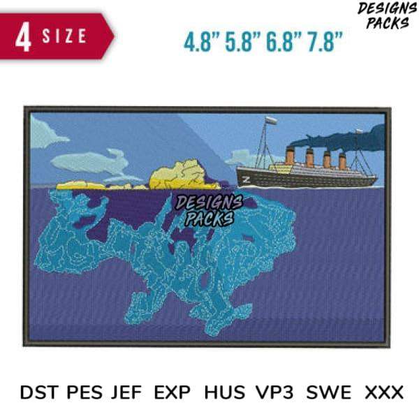 Embroidery design of Titanic ship sinking, 4 sizes, DST PES JEF formats, print-ready for apparel