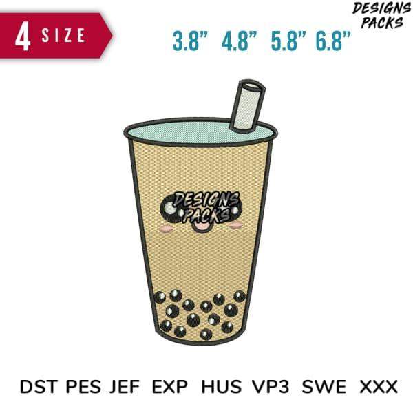 Boba tea cup embroidery design with 4 sizes, PES DST formats for instant download