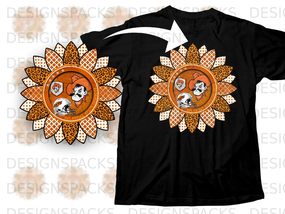 Sunflower graphic with Oklahoma State Cowboys mascot and football helmet on black t-shirt.