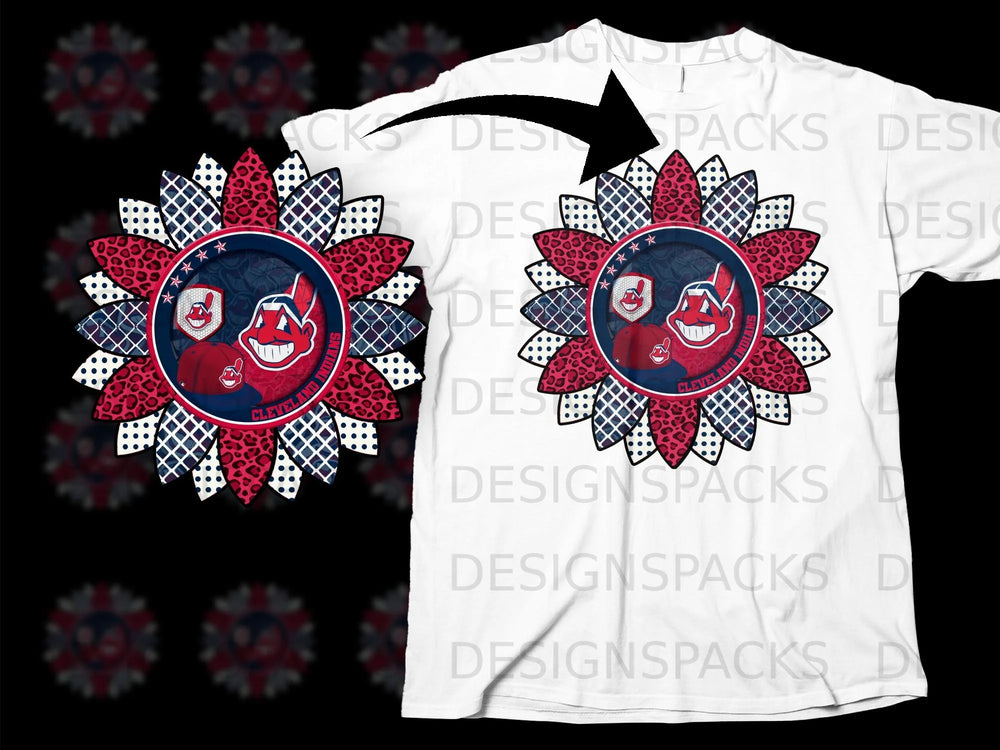 Sunflower design with Cleveland Indians logo and text on white t-shirt.