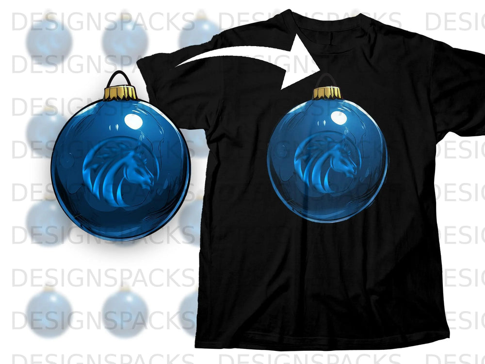 Black t-shirt featuring a blue glass Christmas ornament with a horse design.