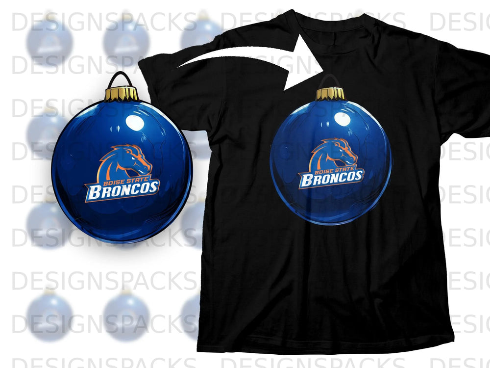 Black t-shirt with Boise State Broncos ornament graphic and text.