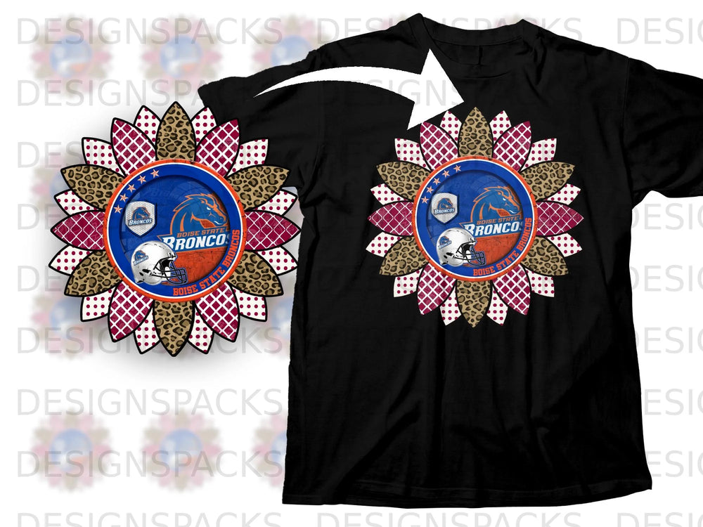 Black t-shirt with Boise State Broncos sunflower graphic and football helmet.