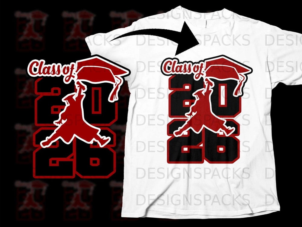 T-shirt with "Class of 2026" graduation design in red and black.