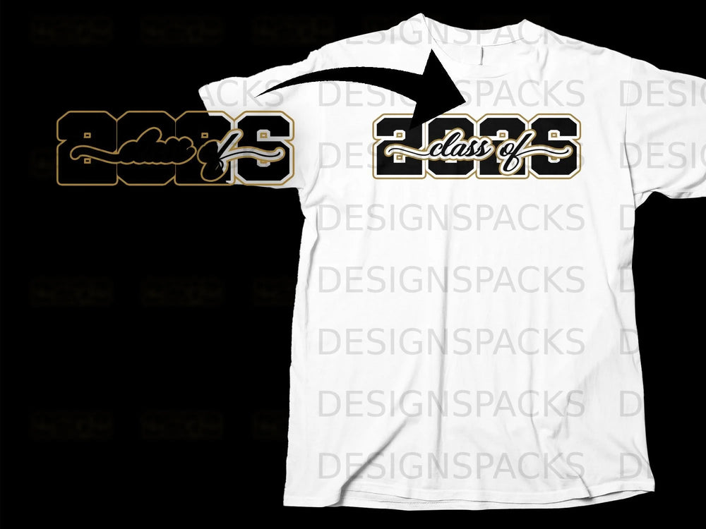 White t-shirt with black and gold "2025 class of" graphic.