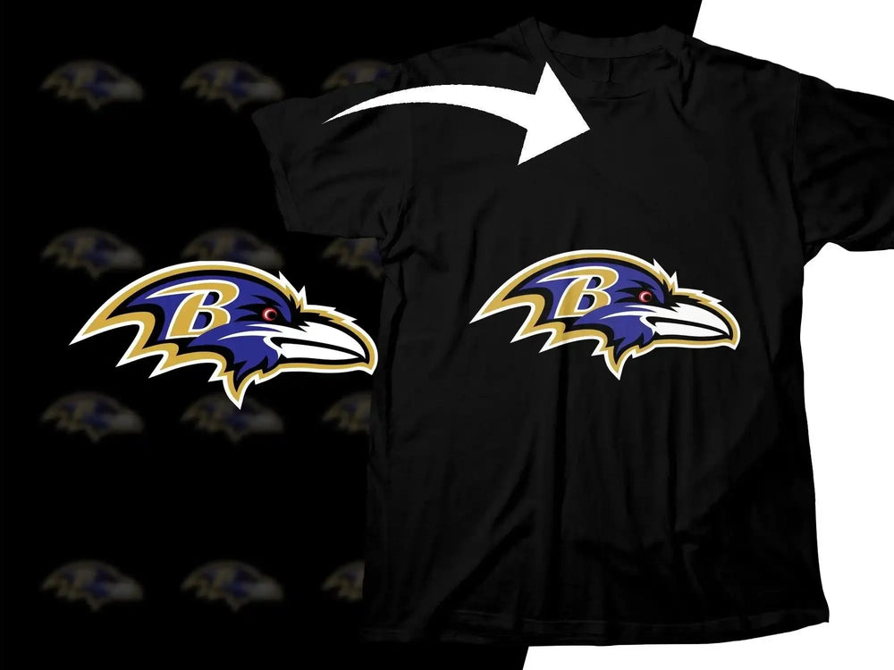 Baltimore Ravens logo printed on black t-shirt, ideal for DTF/DTG designs