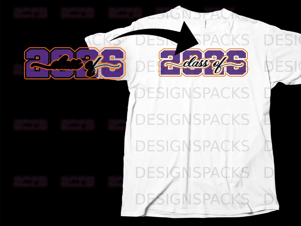 White t-shirt with "Class of 2025" text in purple and orange.