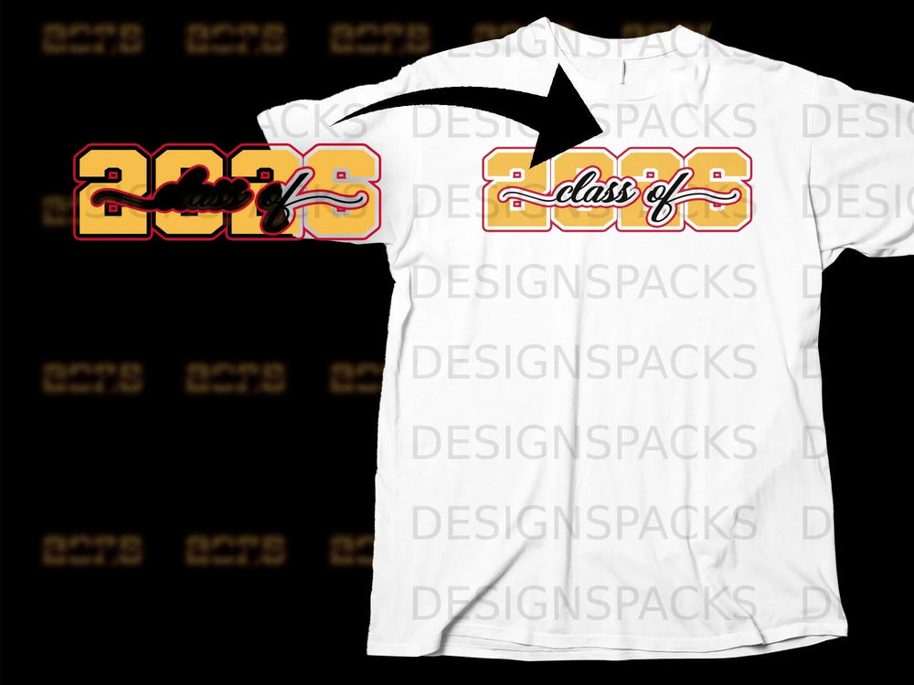 "Class of 2023" text on a white t-shirt with a black arrow.