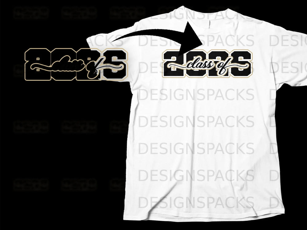 White t-shirt with black and gold "class of 2025" text and cloud graphic.