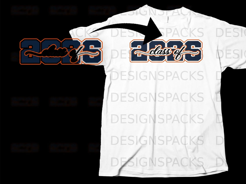 White t-shirt with "2025 class of" text graphic featuring navy blue and orange outline.