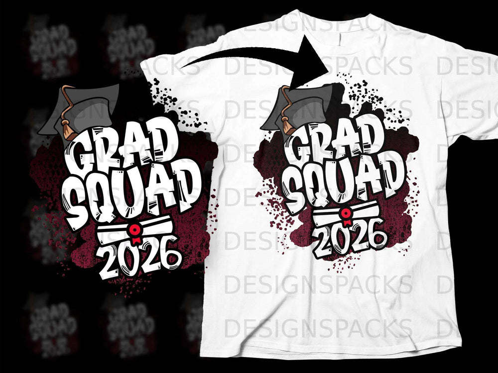 White t-shirt graphic with "GRAD SQUAD 2026" in bold lettering and a graduation cap.