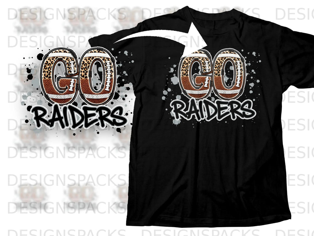 Black t-shirt with "GO RAIDERS" text and football graphics.