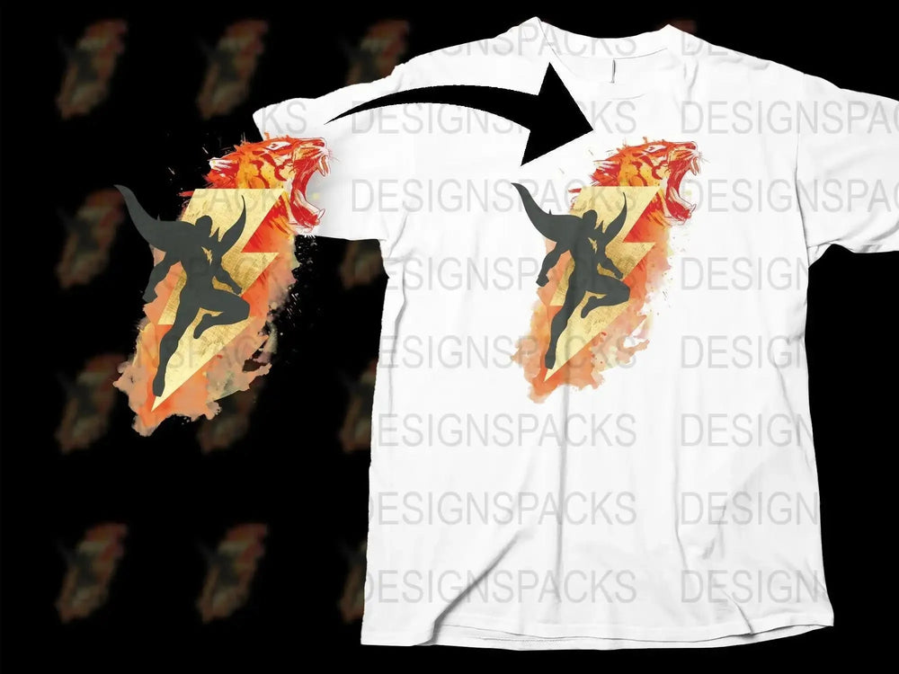 Bold Lightning Hero Silhouette With Tiger Art Png Digital Download