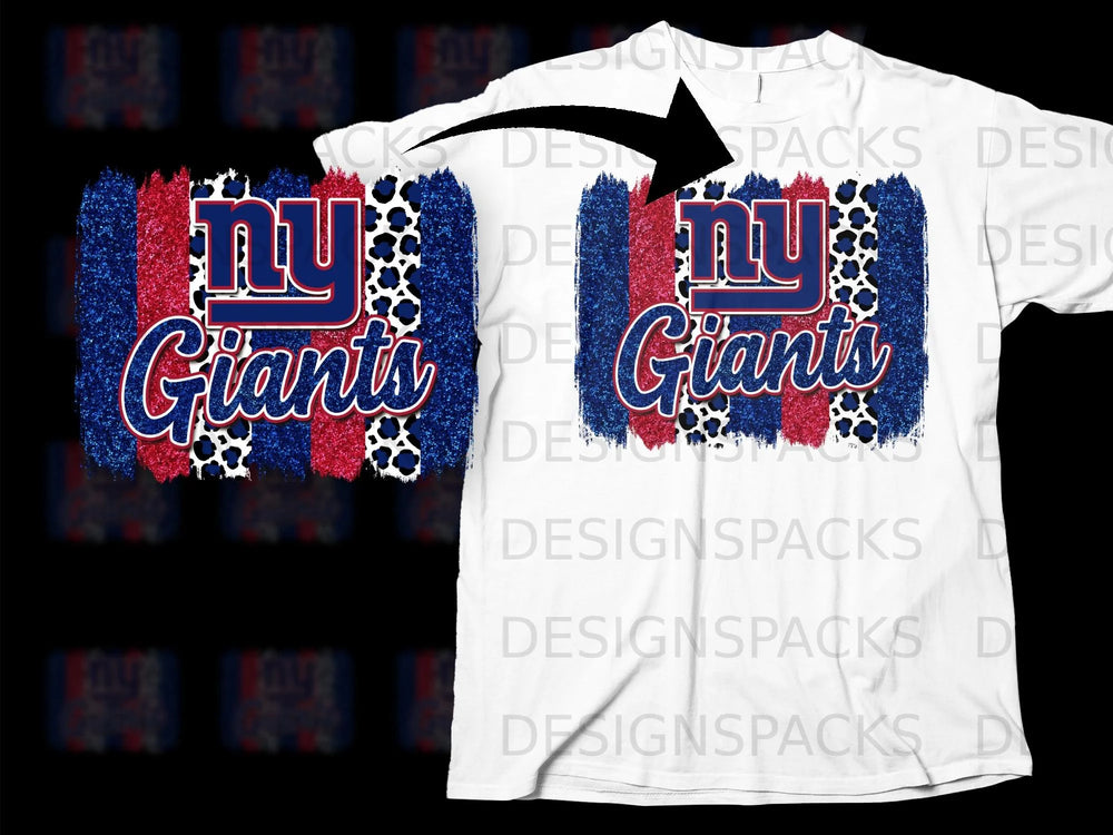 NY Giants logo with glittery red and blue stripes and leopard print.