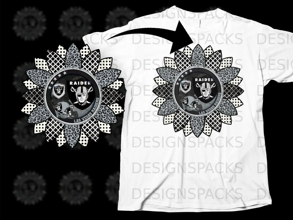 Las Vegas Raiders logo on a black and white sunflower with leopard print and checkerboard petals.