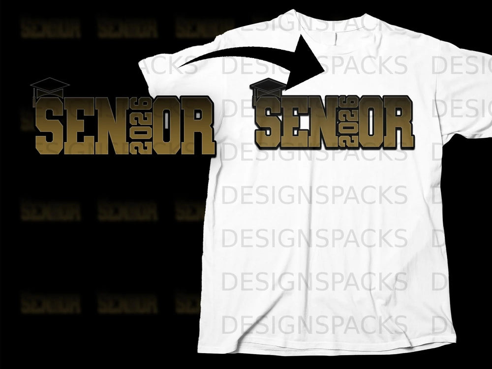 "Senior 2026" graphic with graduation cap on a white t-shirt.