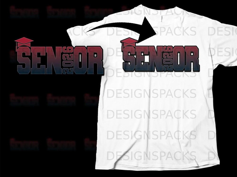 "Senior 2026" text with graduation cap on a white t-shirt.