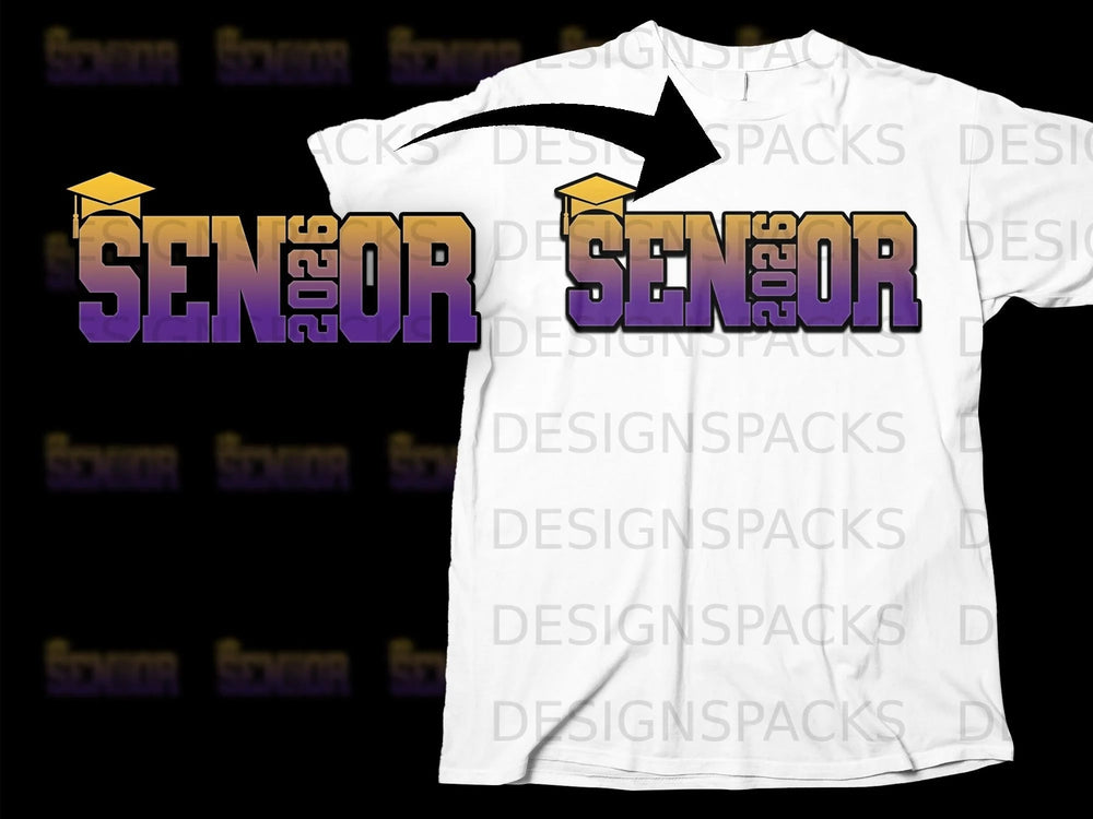 "Senior 2026" graphic with graduation cap on a white t-shirt.