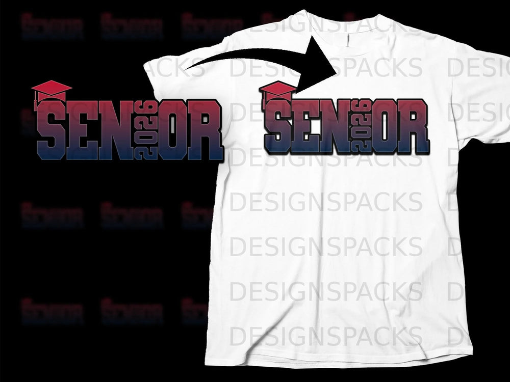 Senior 2026 text with graduation cap on white t-shirt mockup.