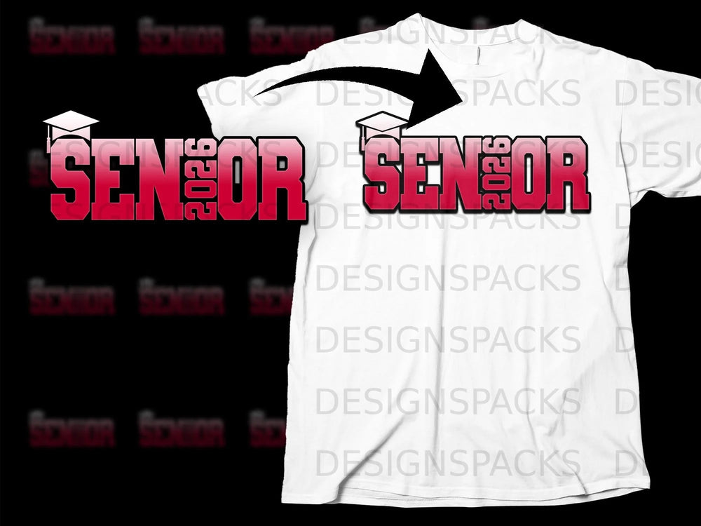 "Senior 2026" text with graduation cap on a white shirt.