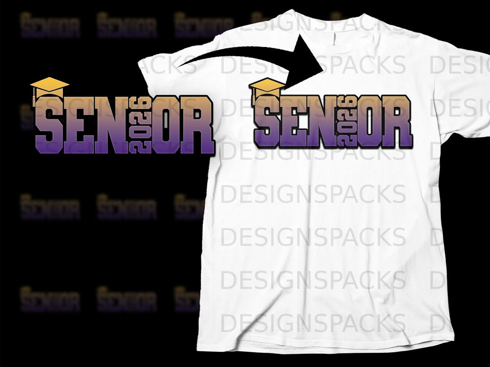 White t-shirt with "SENIOR 2026" text and graduation cap graphic.
