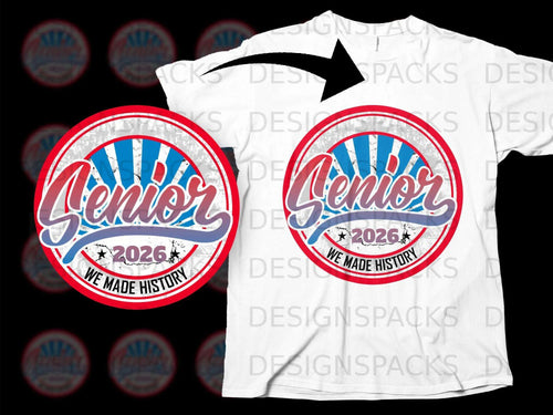 Senior Class of 2026 graduation design on a white t-shirt.