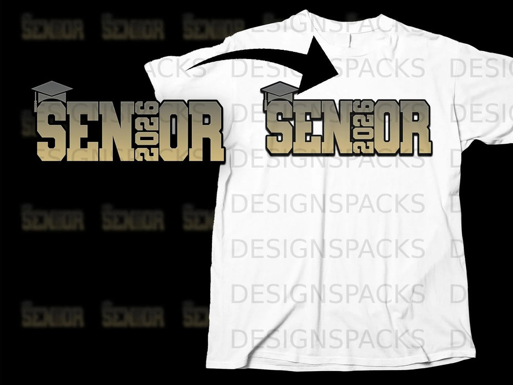 "Senior 2026" text with graduation cap on white t-shirt.