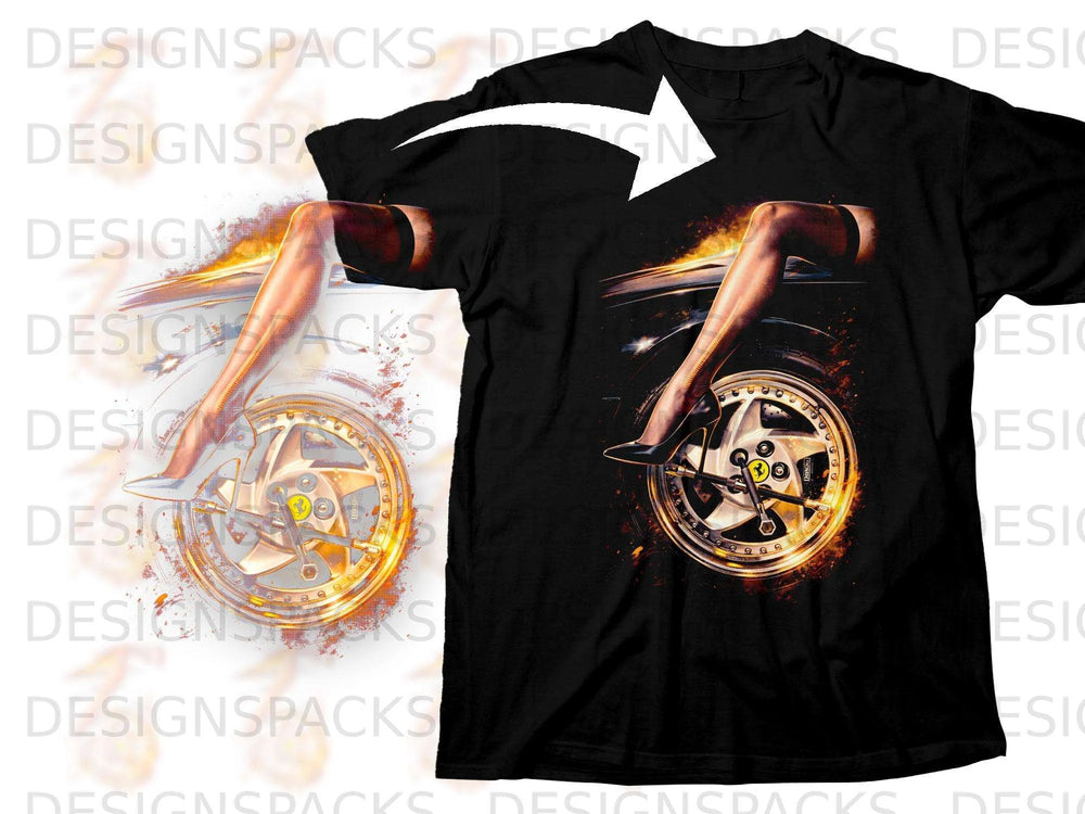 Black t-shirt featuring a woman's legs in heels leaning against a car wheel with fire effects.