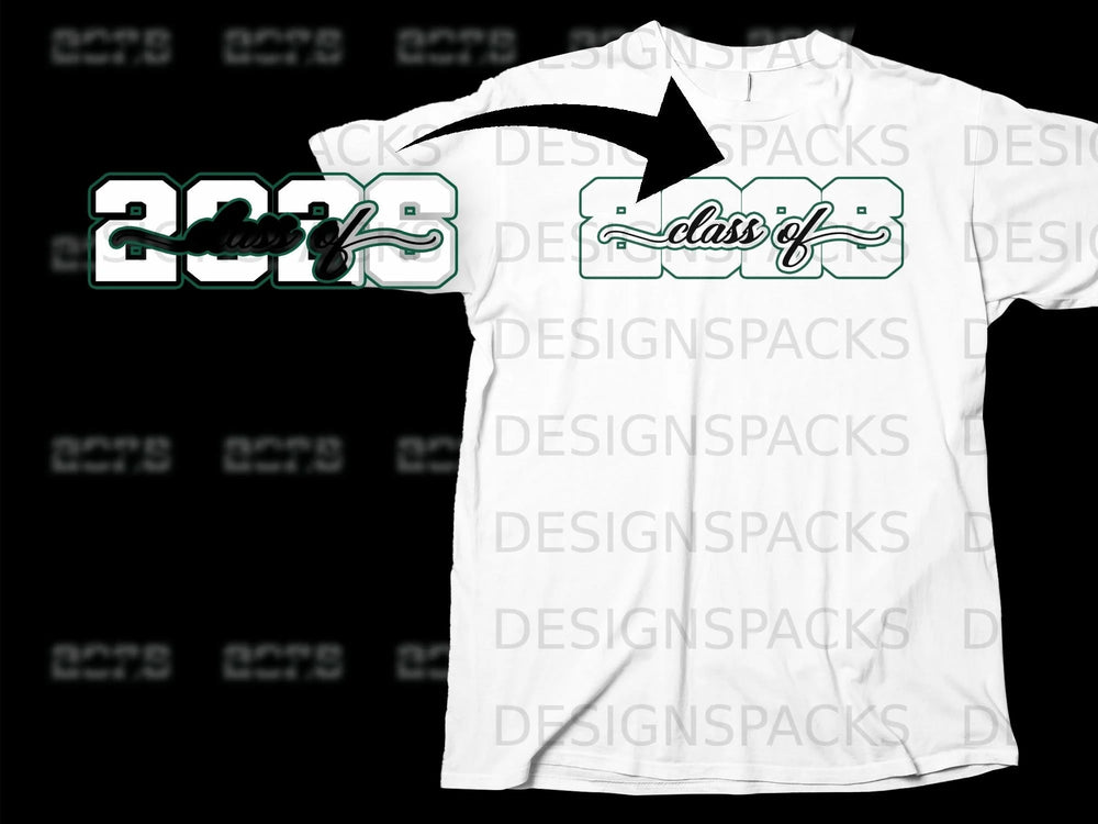 White t-shirt with green and white "2023 class of" text graphic.