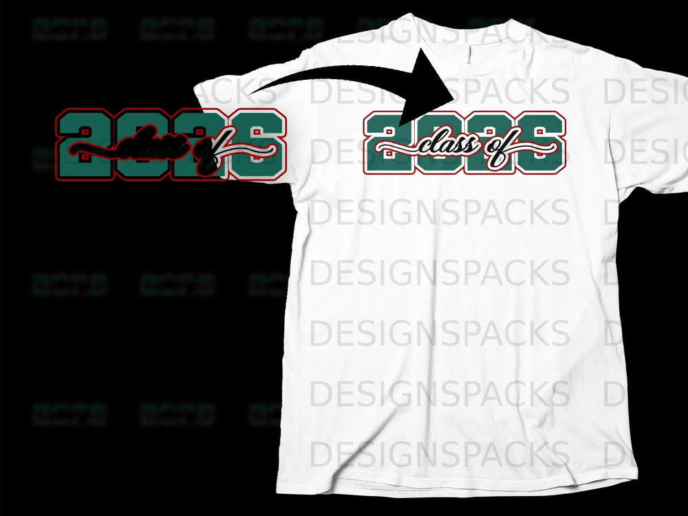 White t-shirt with "Class of 2025" graphic in teal and red.