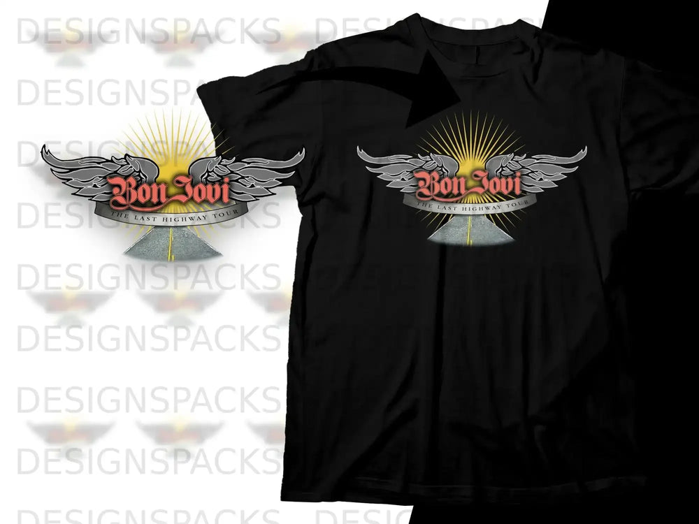 Bon Jovi The Last Highway Tour graphic on a black t-shirt.