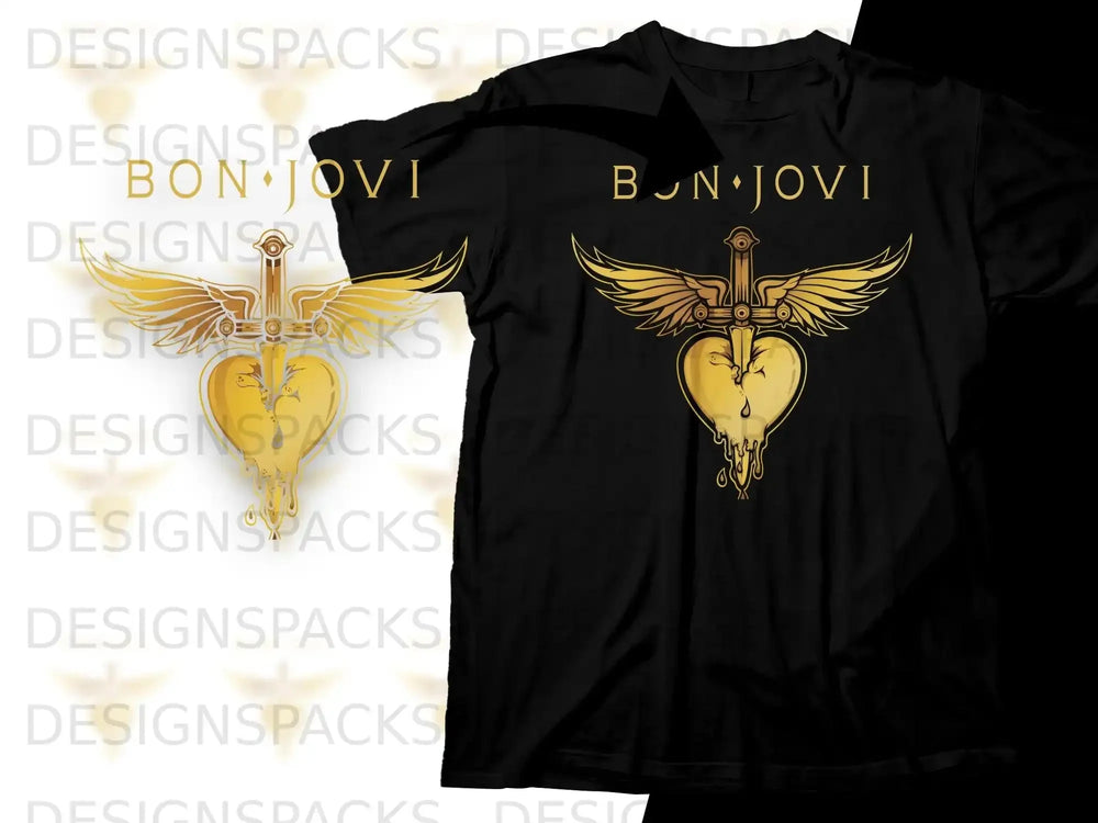 Bon Jovi logo with golden wings, sword, and melting heart on black t-shirt.