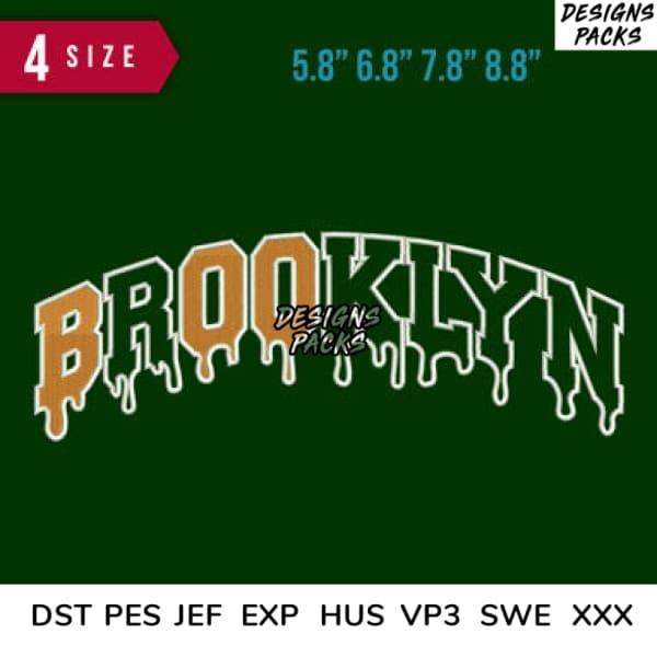 Brooklyn dripping text design in orange & white, 4 sizes, embroidery formats DST PES JEF EXP for instant download