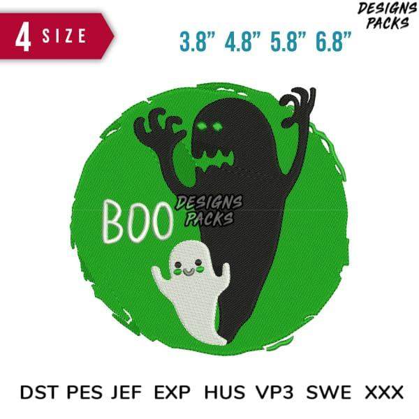Spooky ghost embroidery design with 'BOO' text, available in 4 sizes and multiple file formats for instant download.