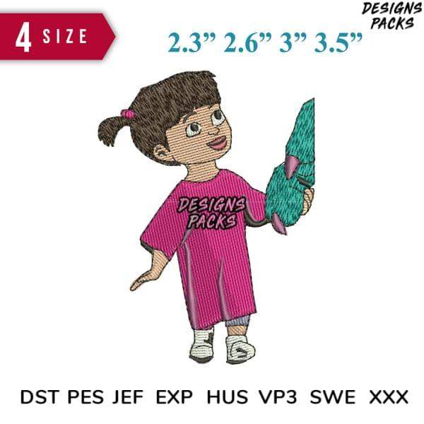 Embroidery design of girl holding dinosaur, 4 sizes, DST PES JEF formats, instant download