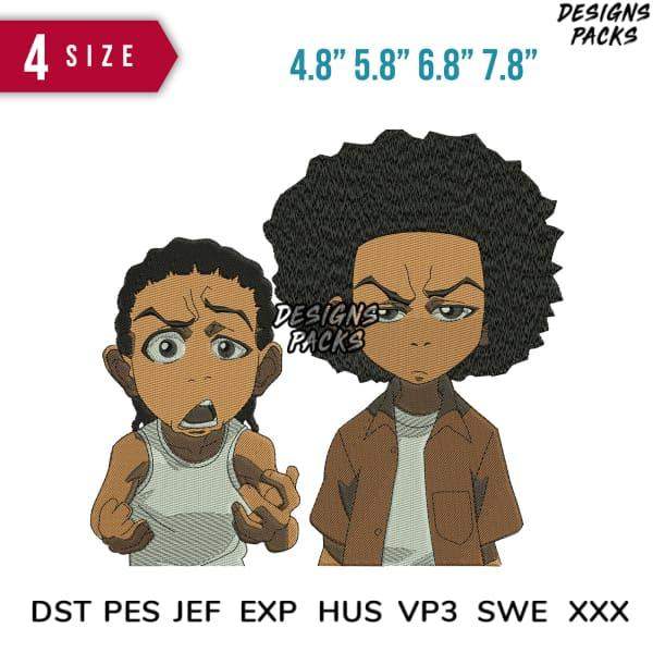 Embroidery design featuring two expressive cartoon characters in various sizes, available in DST, PES, and other formats.
