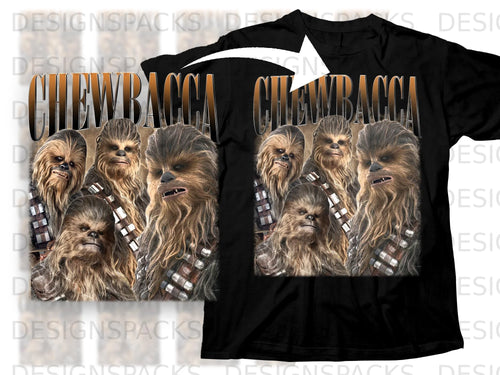 Chewbacca graphic on black t-shirt with multiple Chewbacca faces and title.