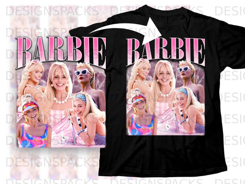 Barbie logo above montage of actresses in retro outfits and sunglasses.
