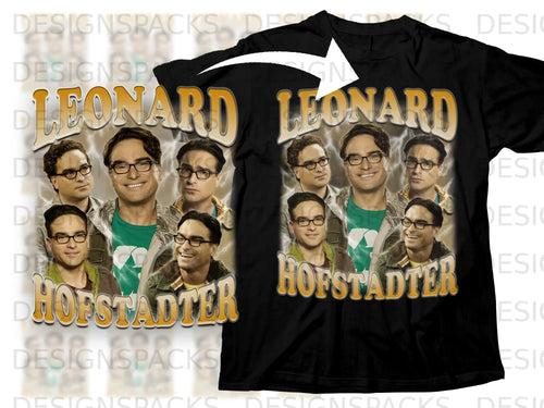 Leonard Hofstadter collage with lightning background on black t-shirt.