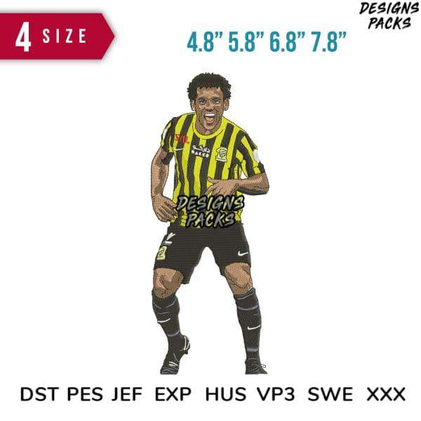 Soccer player embroidery design in yellow-black striped jersey, available in 4 sizes & multiple formats (DST, PES, JEF, EXP, HUS, VP3, SWE, XXX) for instant download.
