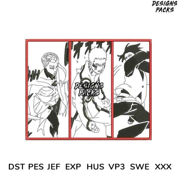 Anime-style embroidery design trio in red frame, print-ready DST PES formats for embroidery machines