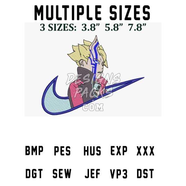 Anime character with blue and white design, available in multiple sizes for embroidery and print