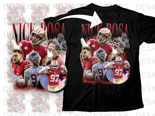 Black t-shirt with graphic of San Francisco 49ers players Christian McCaffrey and Brock Purdy.