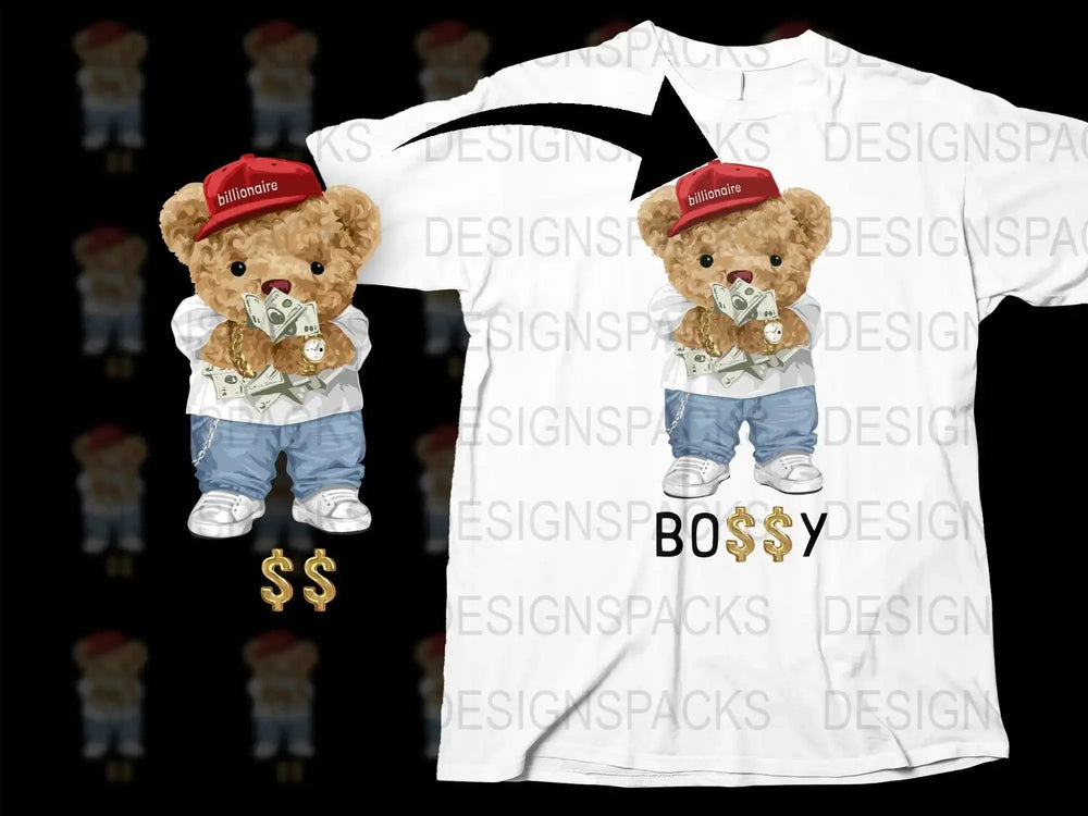 Bossy Bear in Red Hat Holding Money Png Digital Download