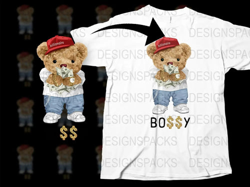 Bossy Bear in Red Hat Holding Money Png Digital Download