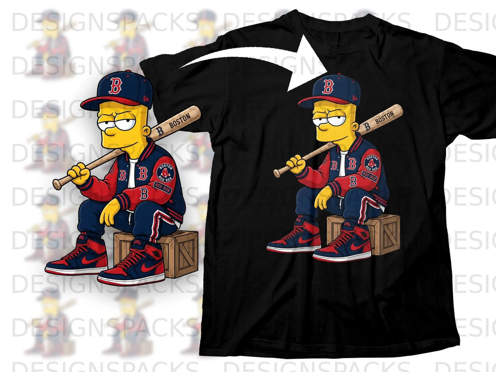 Bart Simpson wearing Boston Red Sox gear sits with a baseball bat.